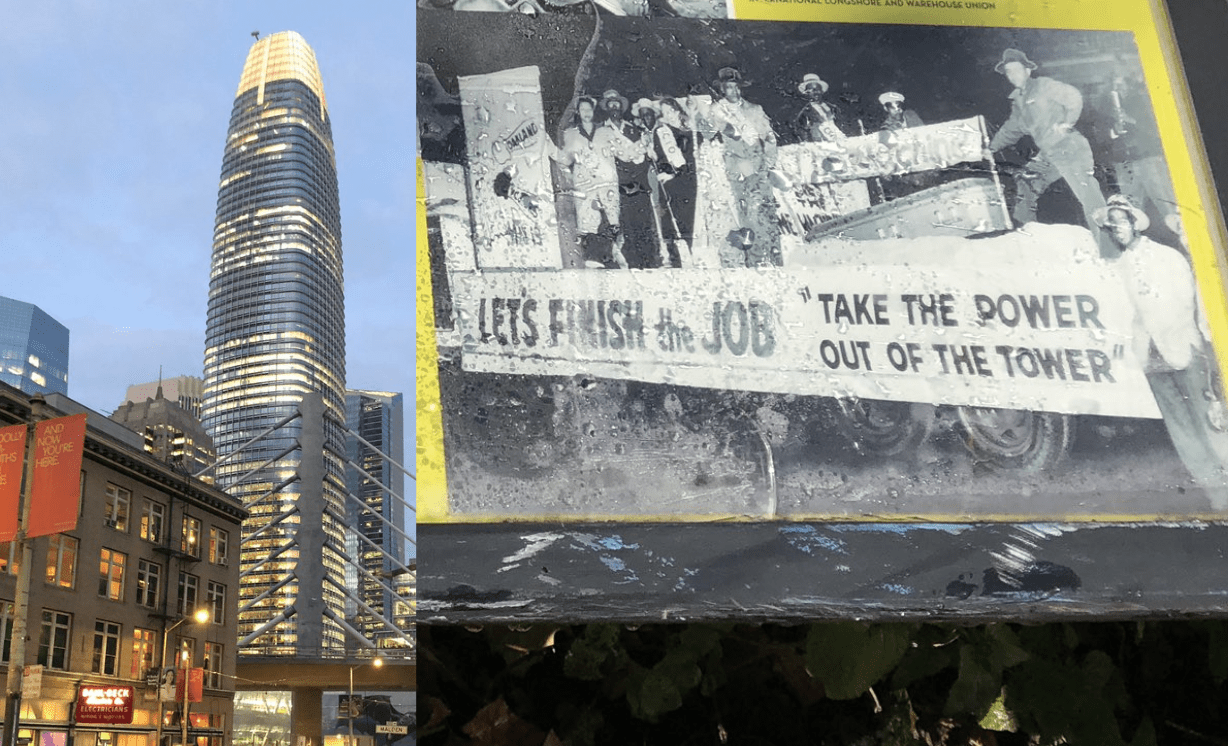 Photo of a mural in San Francisco saying, 'take the power out of the tower'